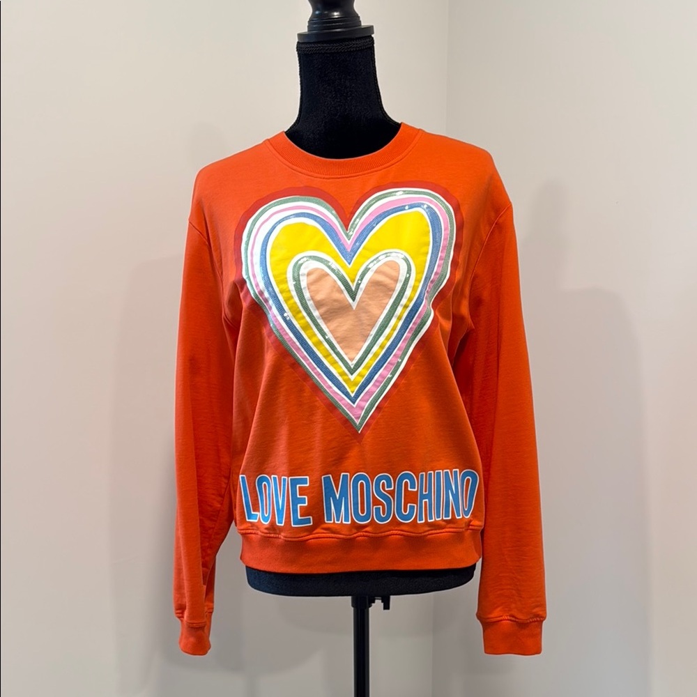 Love Moschino Orange Sweatshirt with Multicolor Heart